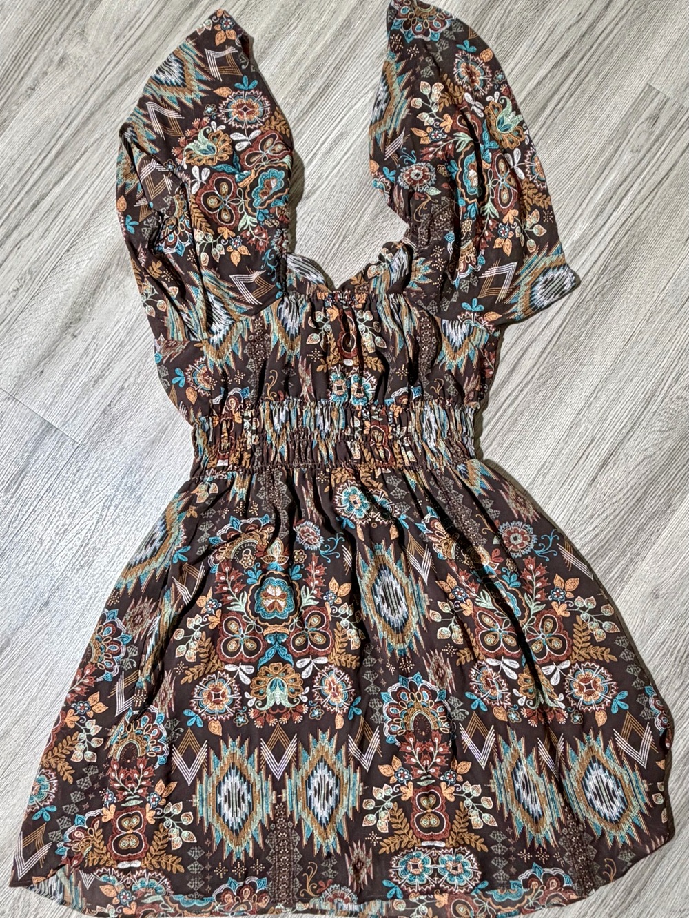 Shyanne Brown Floral Boho Mini Dress with Teal & Rust Accents - Picture 9 of 9